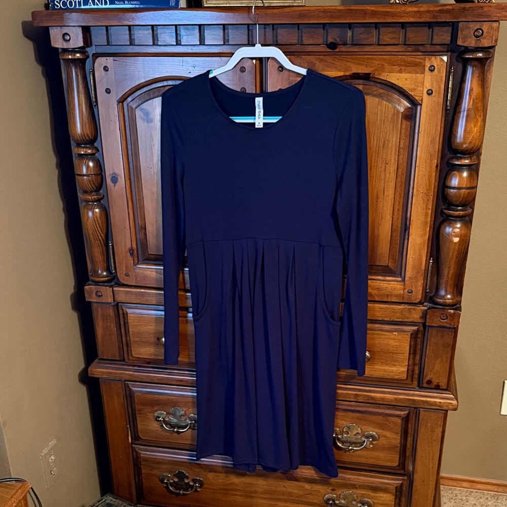 Zenana Outfitters Navy Long-Sleeve Gathered Waist Swing Dress